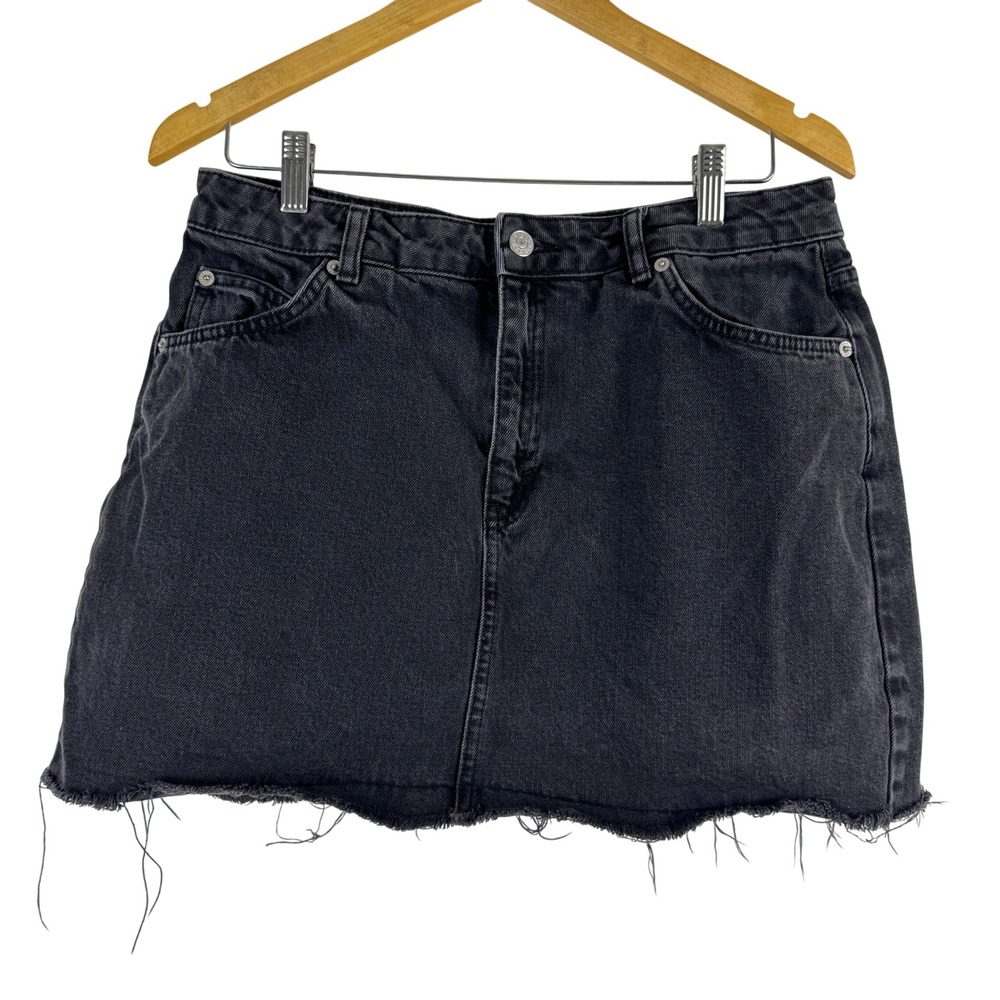 TOPSHOP MOTO Black Denim Mini Skirt Distressed Frayed Hem Goth Grunge ‎ Size 10